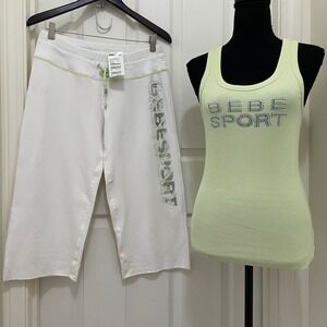 Vintage Bebe Sport 2pc Set Rhinestone Tank Top Capri Sweatpants NWT Y2K McBling
